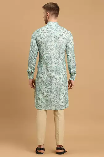 Sea green kurta with ethnic motif prints and gold thread work