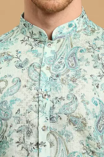 Sea green kurta with ethnic motif prints and gold thread work