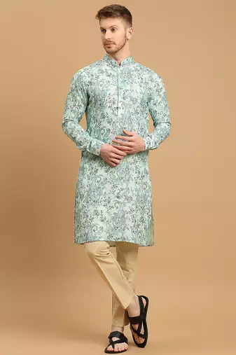 Sea green kurta with ethnic motif prints and gold thread work