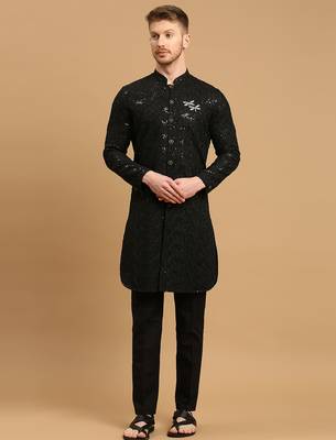 Black front-open kurta pyjama with floral chikankari and sequins 1