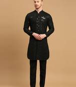 Black front-open kurta pyjama with floral chikankari and sequins