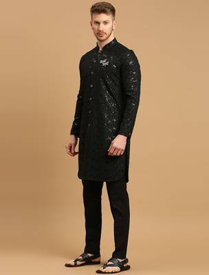 Black front-open kurta pyjama with floral chikankari and sequins 2