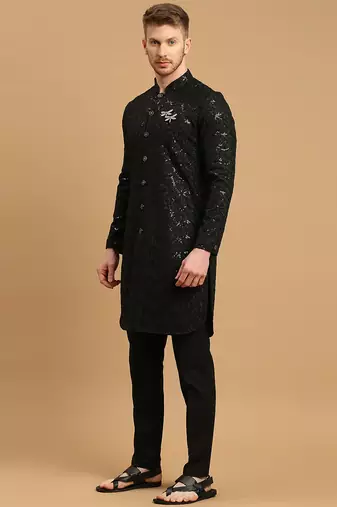 Black front-open kurta pyjama with floral chikankari and sequins