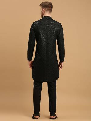 Black front-open kurta pyjama with floral chikankari and sequins 3