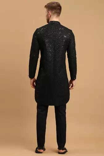 Black front-open kurta pyjama with floral chikankari and sequins