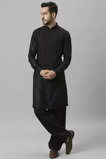 Black yoke design cotton kurta with pathani salwar