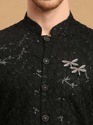 Black front-open kurta pyjama with floral chikankari and sequins 4