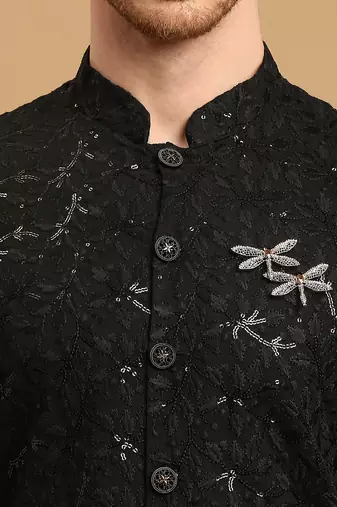 Black front-open kurta pyjama with floral chikankari and sequins