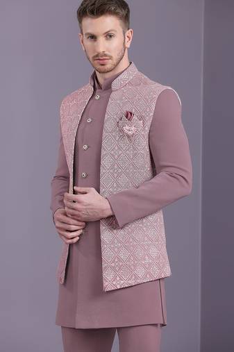 Onion pink indowestern with lucknowi embroidered long jacket