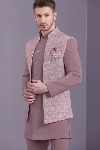 Onion pink indowestern with lucknowi embroidered long jacket