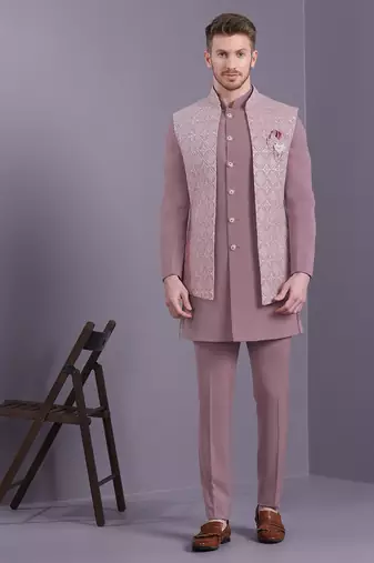 Onion pink indowestern with lucknowi embroidered long jacket