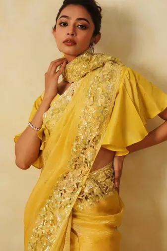 Yellow Color Soft Crunchy Silk Partywear Saree