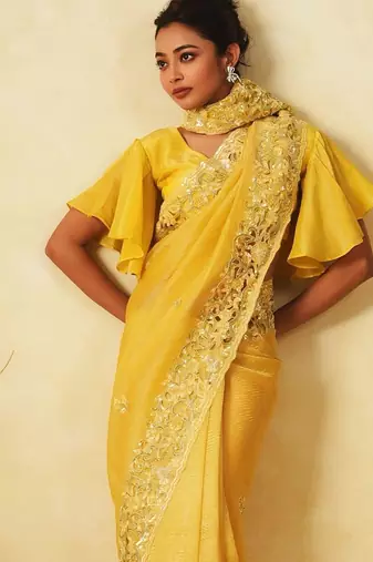 Yellow Color Soft Crunchy Silk Partywear Saree