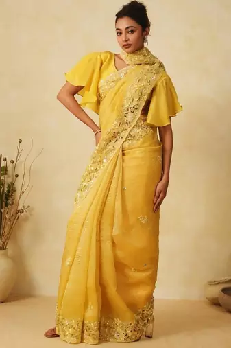 Yellow Color Soft Crunchy Silk Partywear Saree