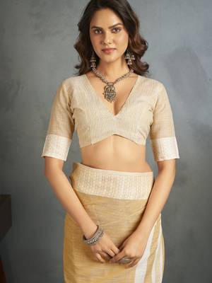 Ivory woven linen saree with blouse 7