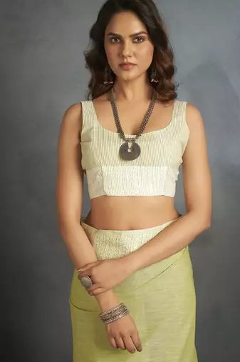 Light yellow woven linen saree with blouse