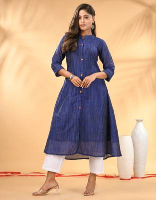 Blue textured cotton handloom a-line kurta 1