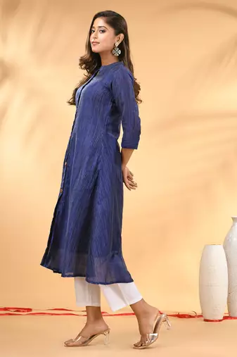 Blue textured cotton handloom a-line kurta