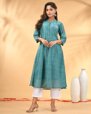 Teal solid cotton handloom a-line kurta 1