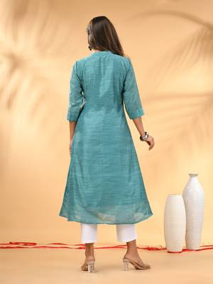 Teal solid cotton handloom a-line kurta 3