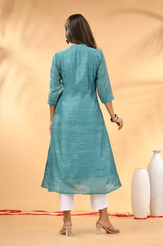 Teal solid cotton handloom a-line kurta