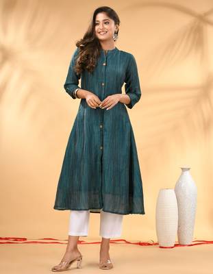 Teal textured cotton handloom a-line kurta 1