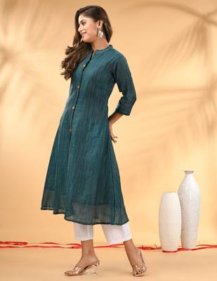 Teal textured cotton handloom a-line kurta 2