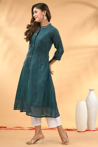 Teal textured cotton handloom a-line kurta