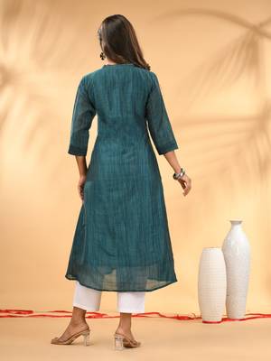 Teal textured cotton handloom a-line kurta 3