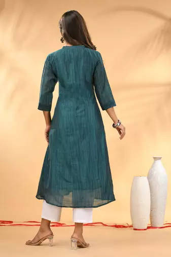 Teal textured cotton handloom a-line kurta