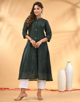 Bottle green textured cotton handloom a-line kurta 1