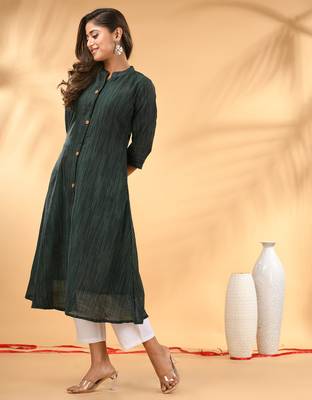 Bottle green textured cotton handloom a-line kurta 2