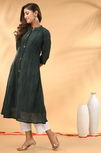 Bottle green textured cotton handloom a-line kurta