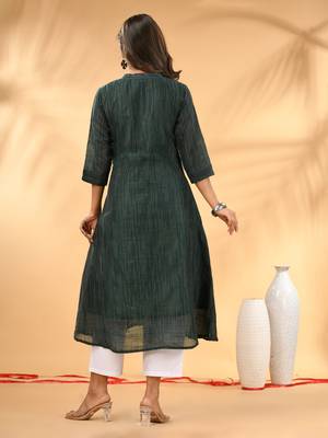 Bottle green textured cotton handloom a-line kurta 3