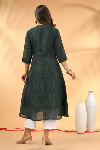 Bottle green textured cotton handloom a-line kurta