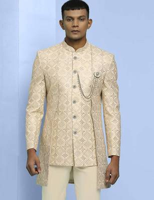 Cream lucknowi embroidered indowestern with short front pattern 1