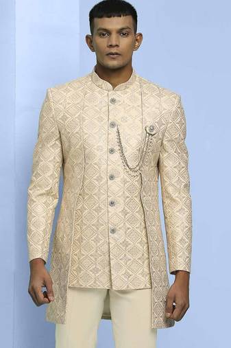 Cream lucknowi embroidered indowestern with short front pattern