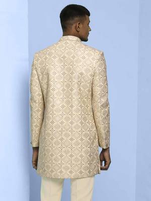 Cream lucknowi embroidered indowestern with short front pattern 2
