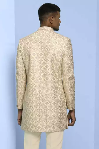 Cream lucknowi embroidered indowestern with short front pattern