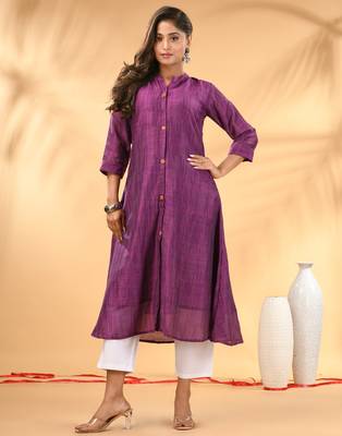 Purple textured cotton handloom a-line kurta 1
