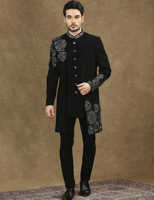 Black hand embroidered cutdana work indowestern with short back pattern 1