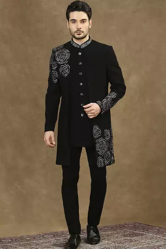 Black hand embroidered cutdana work indowestern with short back pattern