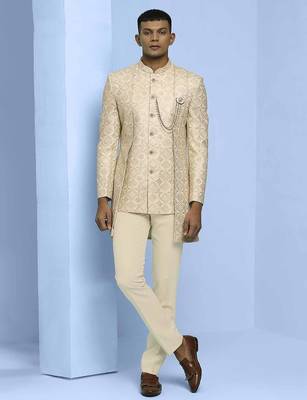 Cream lucknowi embroidered indowestern with short front pattern 3