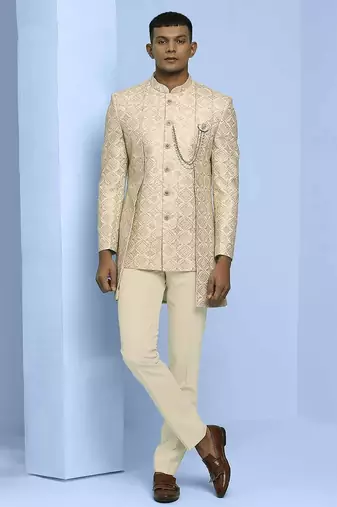 Cream lucknowi embroidered indowestern with short front pattern