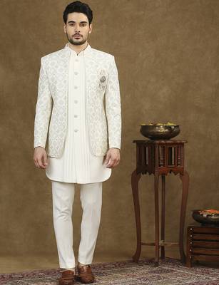 Off white indowestern with lucknowi embroidered jacket 1