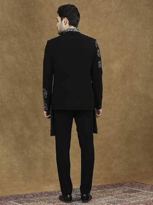 Black hand embroidered cutdana work indowestern with short back pattern 2