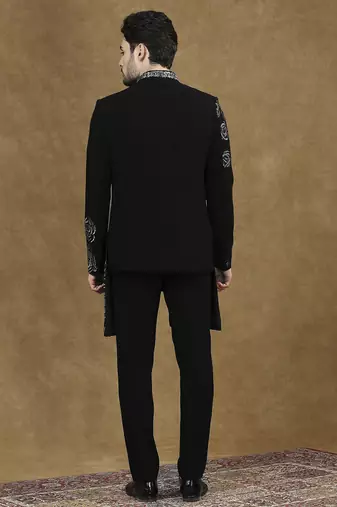 Black hand embroidered cutdana work indowestern with short back pattern