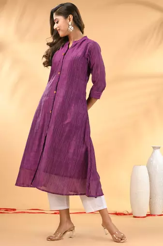 Purple textured cotton handloom a-line kurta