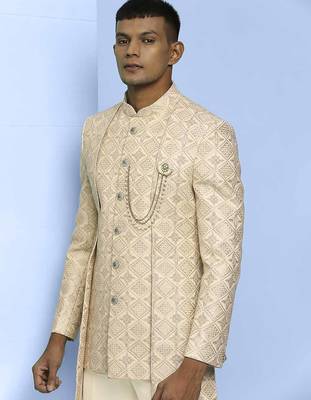 Cream lucknowi embroidered indowestern with short front pattern 4