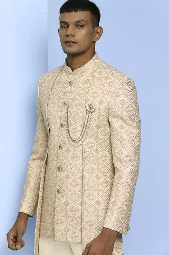 Cream lucknowi embroidered indowestern with short front pattern